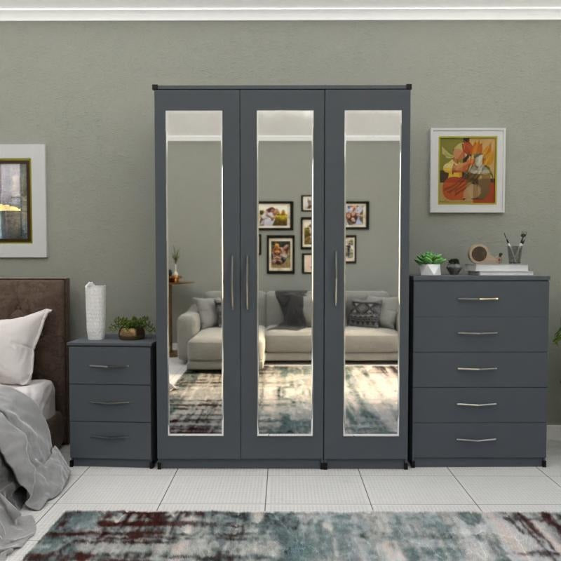 Grey 3 door mirrored wardrobe bedroom set with chest and bedside table