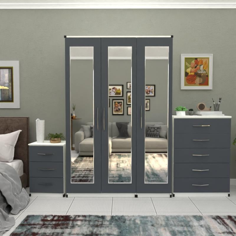 Grey & White 3 door mirrored wardrobe bedroom set with chest and bedside table