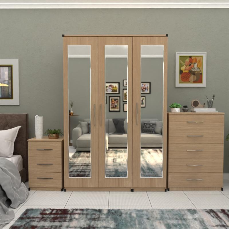Oak 3 door mirrored wardrobe bedroom set with chest and bedside table