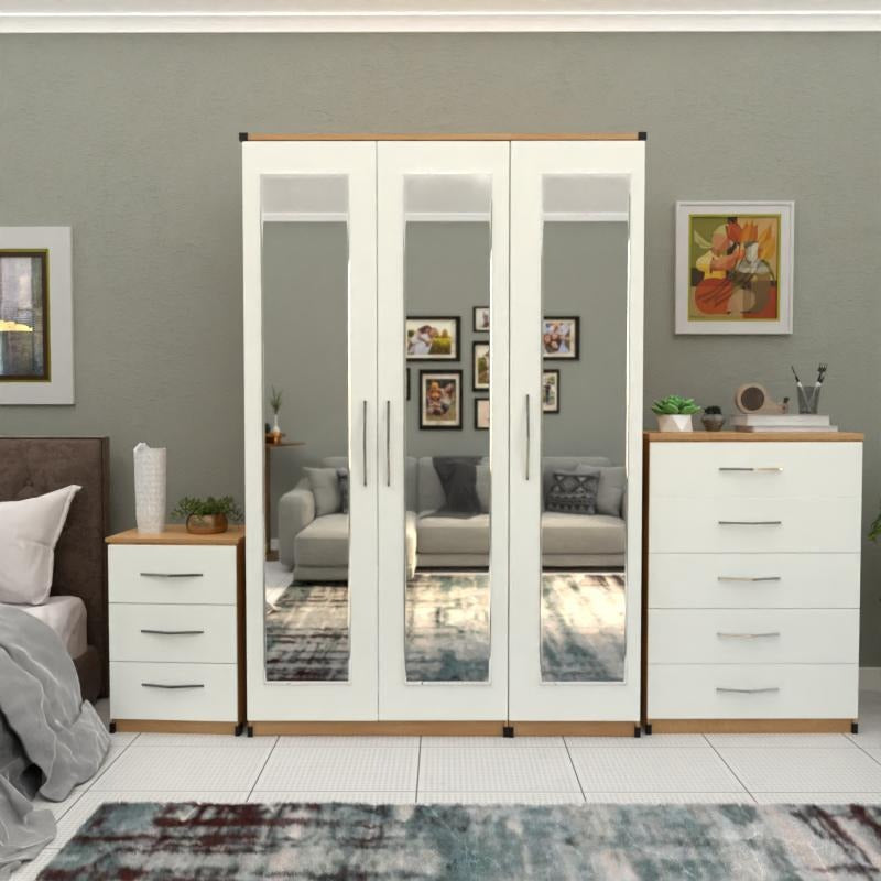 Oak & White 3 door mirrored wardrobe bedroom set with chest and bedside table