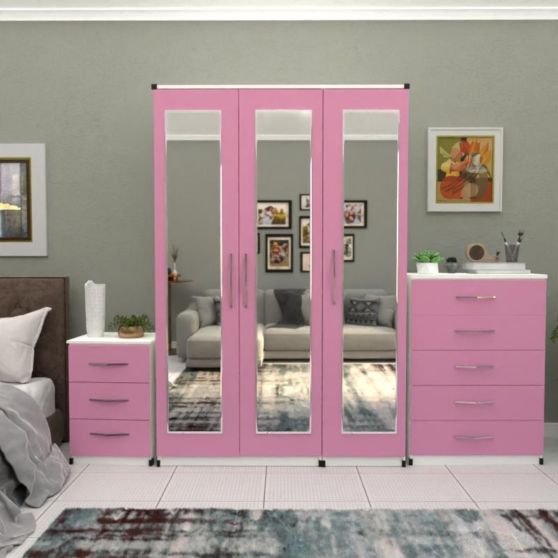 Pink & White 3 door mirrored wardrobe bedroom set with chest and bedside table