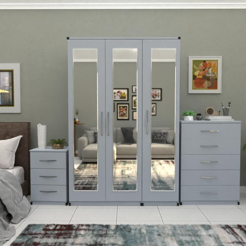 Silver 3 door mirrored wardrobe bedroom set with chest and bedside table