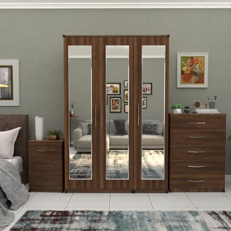 Walnut 3 door mirrored wardrobe bedroom set with chest and bedside table