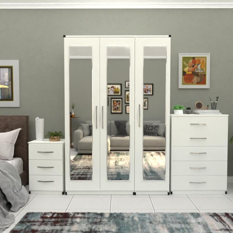 White 3 door mirrored wardrobe bedroom set with chest and bedside table