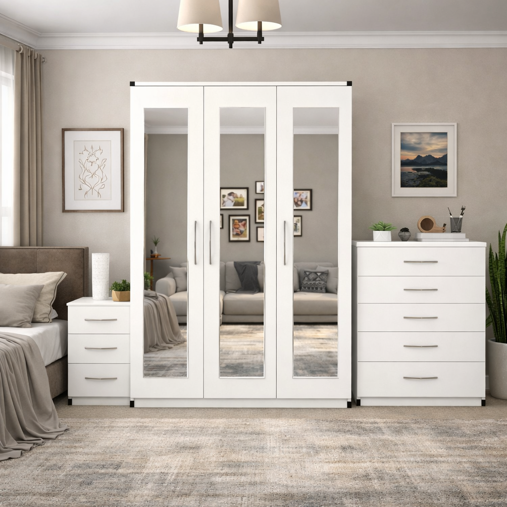 White 3 door mirrored wardrobe bedroom set with chest and bedside table