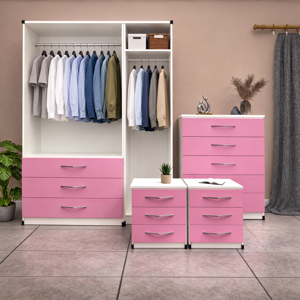 Inside image of pink 3 door mirrored wardrobe bedroom furniture set showing height width and depth measurements