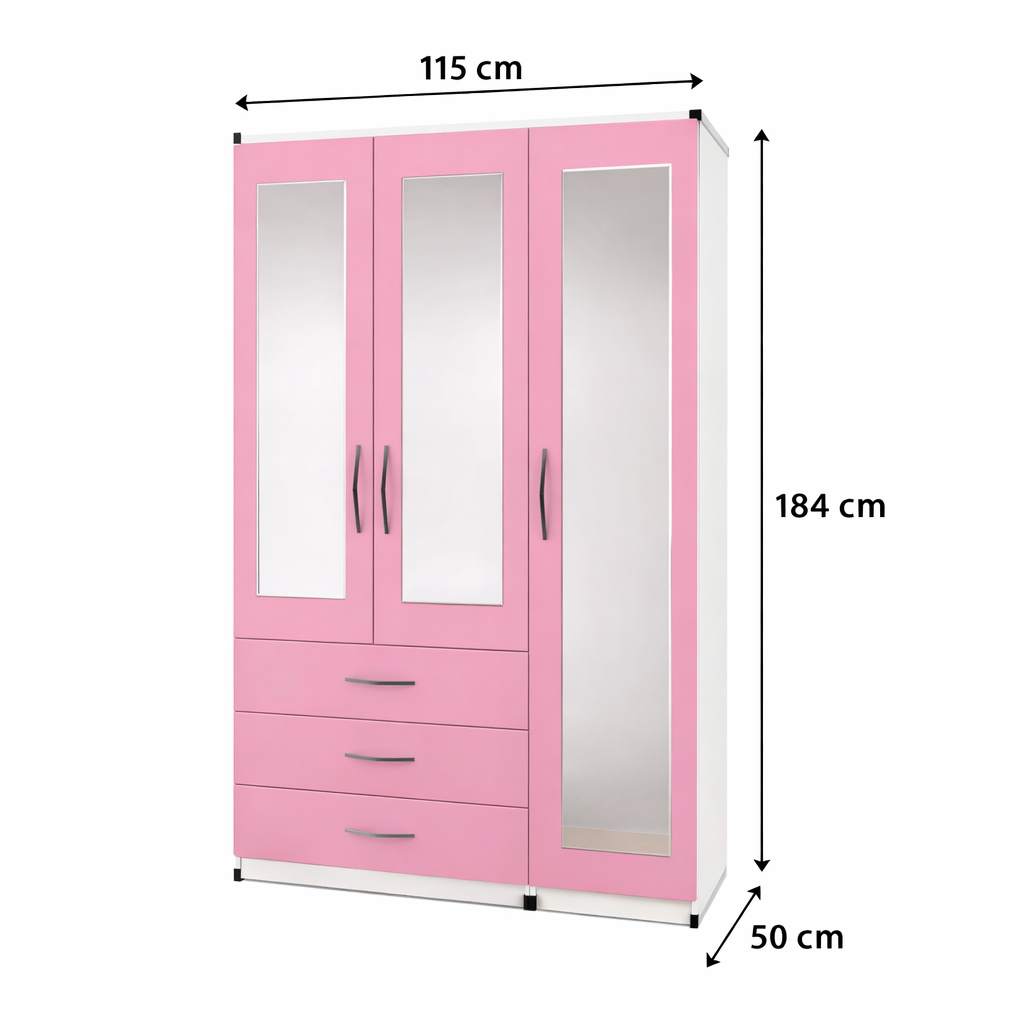 Dimensions image of pink & White 3 door mirrored wardrobe bedroom furniture set showing height width and depth measurements