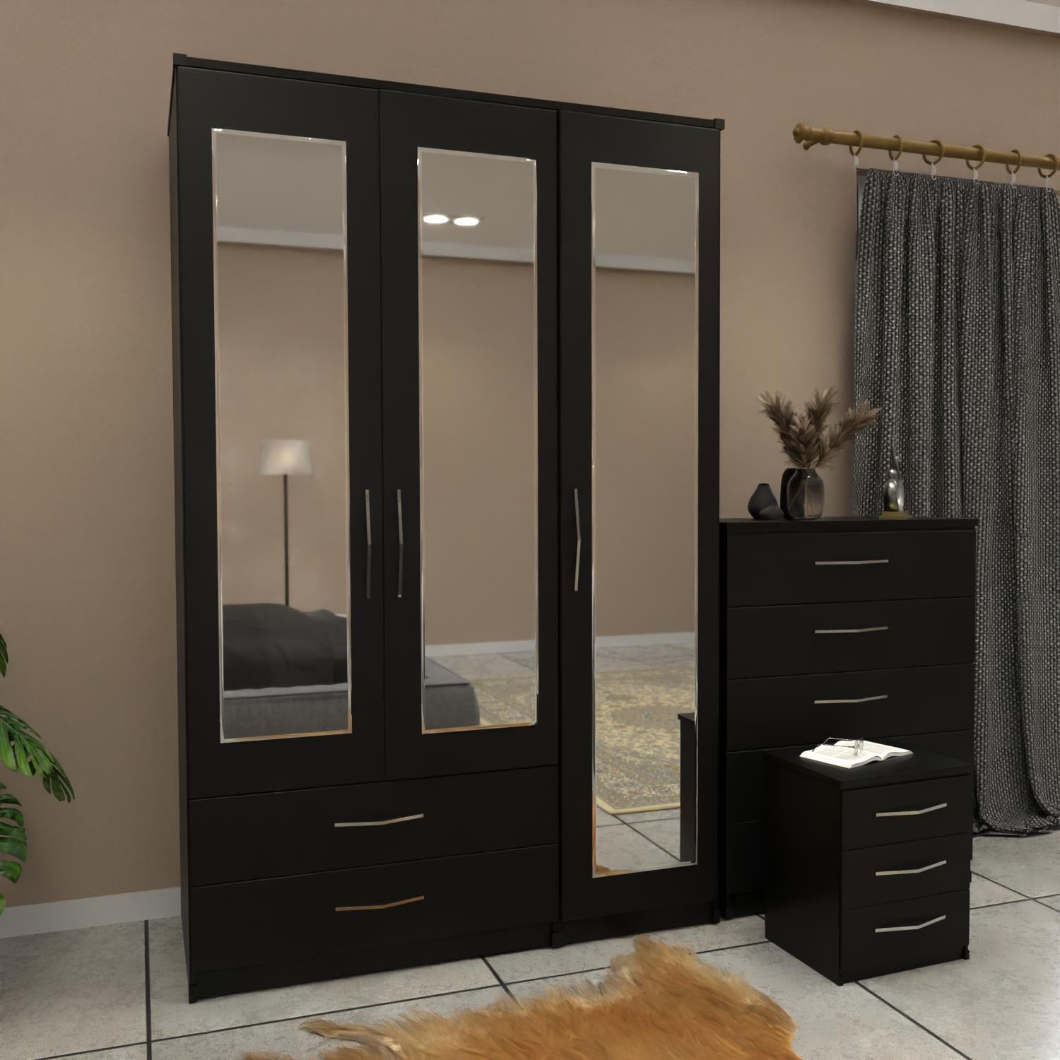Black 3 door mirrored wardrobe set with 2 drawers and matching bedroom furniture