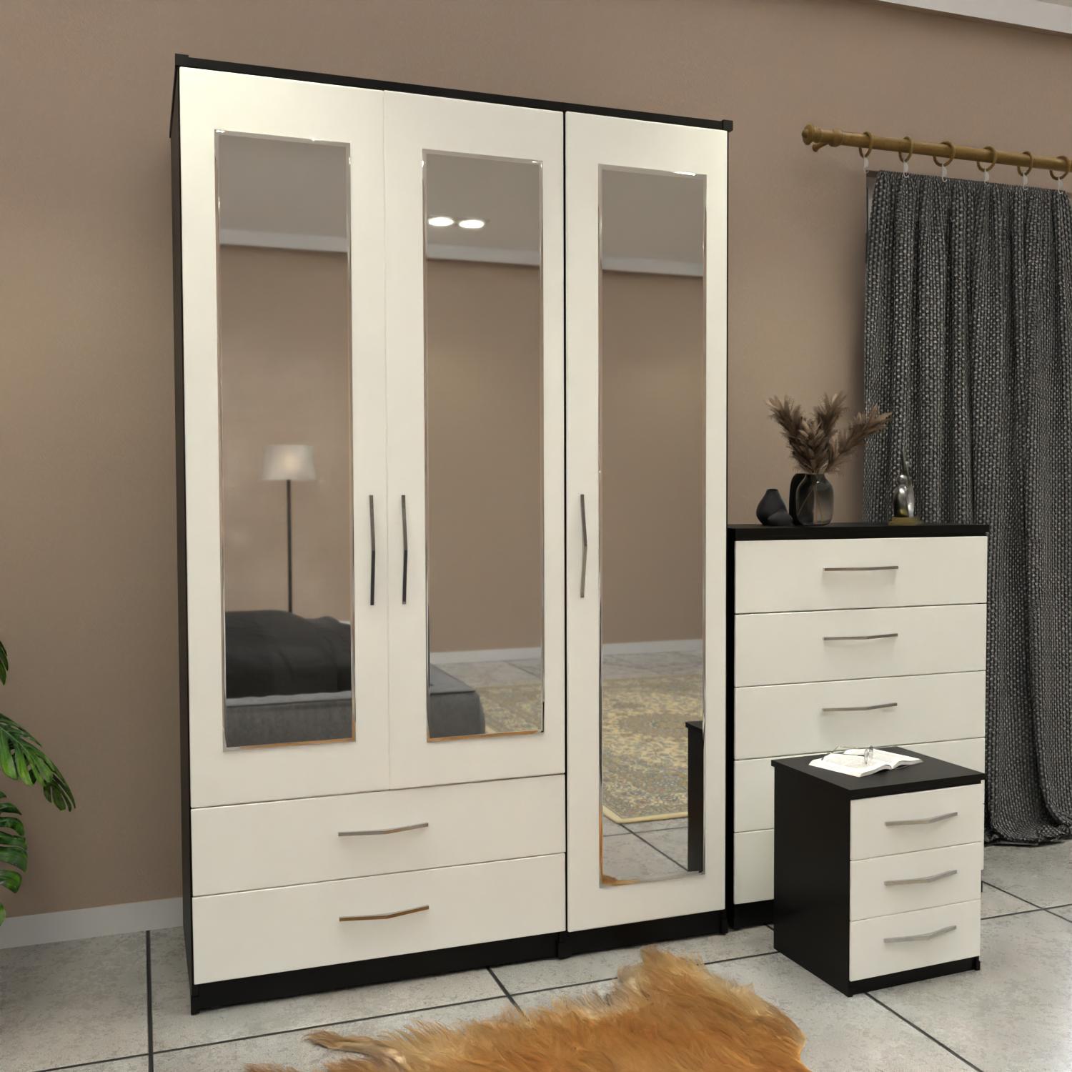 Black & White 3 door mirrored wardrobe set with 2 drawers and matching bedroom furniture