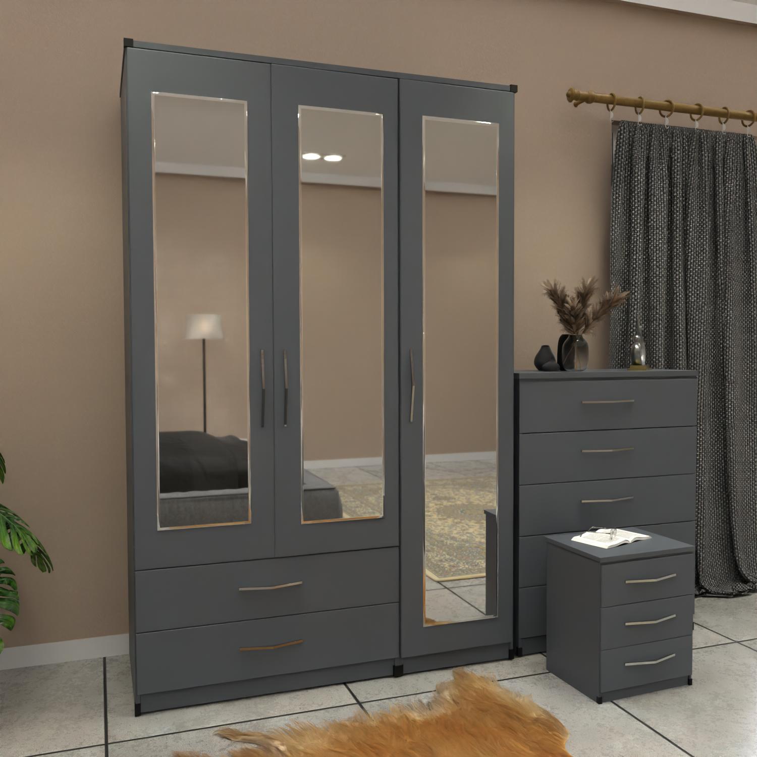 Grey 3 door mirrored wardrobe set with 2 drawers and matching bedroom furniture