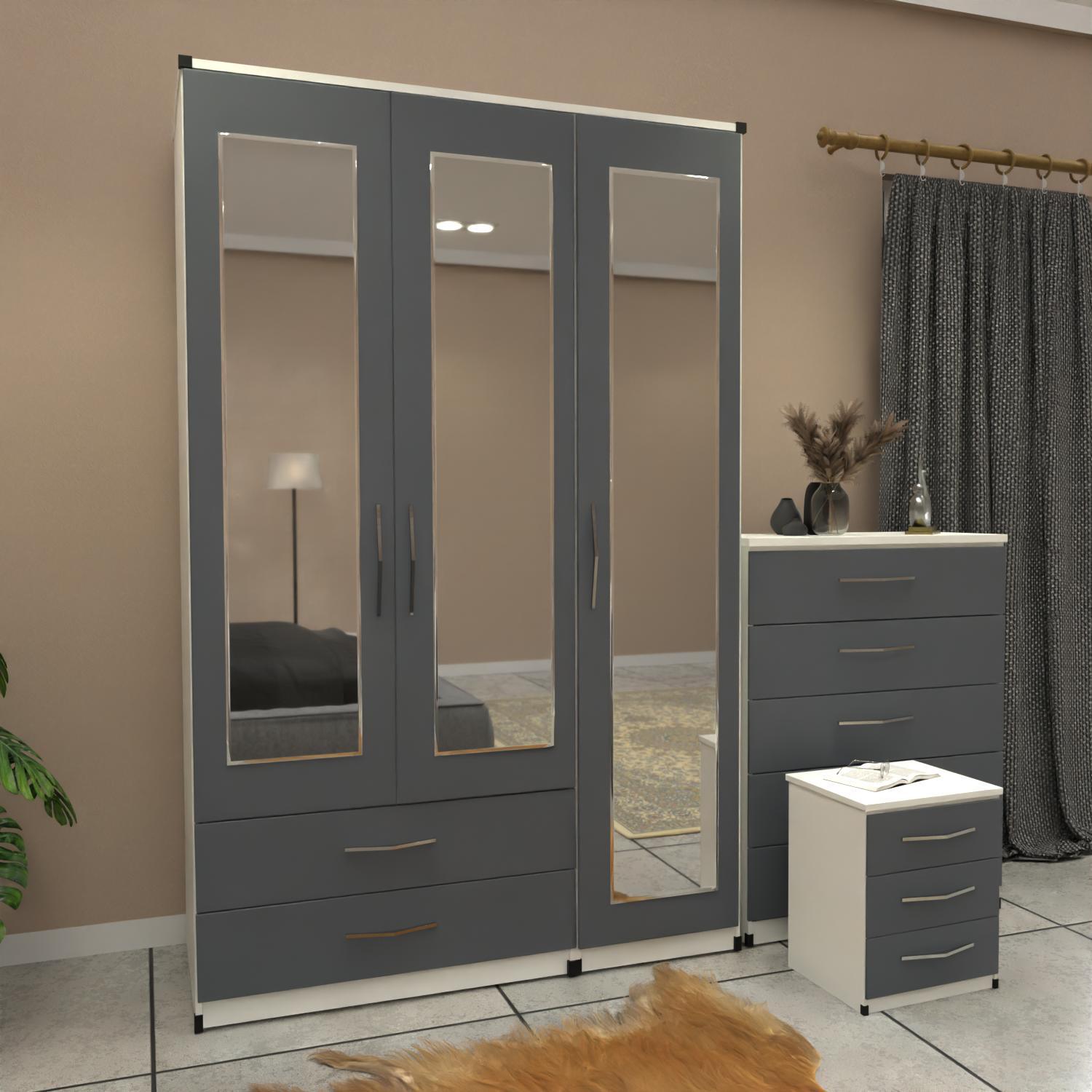 Grey & White  3 door mirrored wardrobe set with 2 drawers and matching bedroom furniture