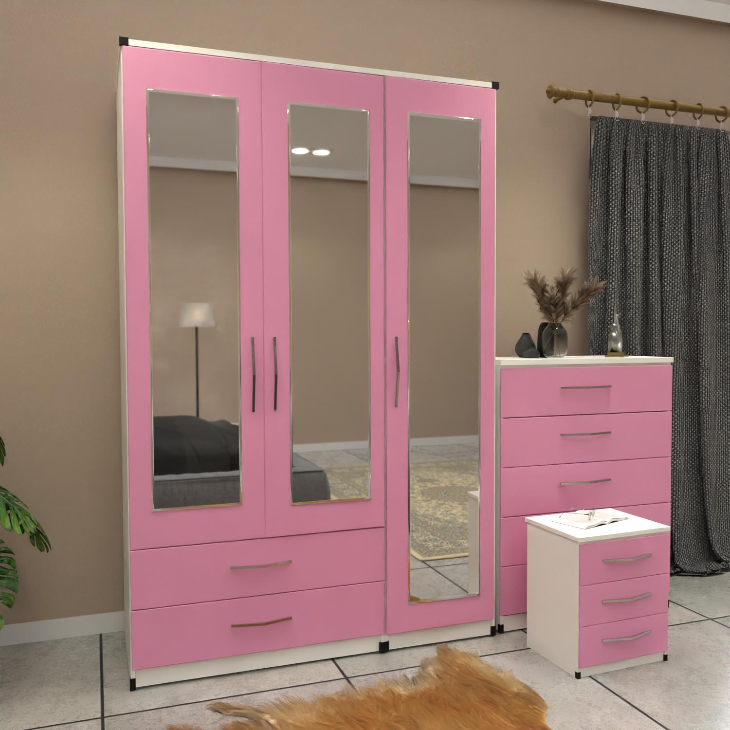 Pink & White 3 door mirrored wardrobe set with 2 drawers and matching bedroom furniture