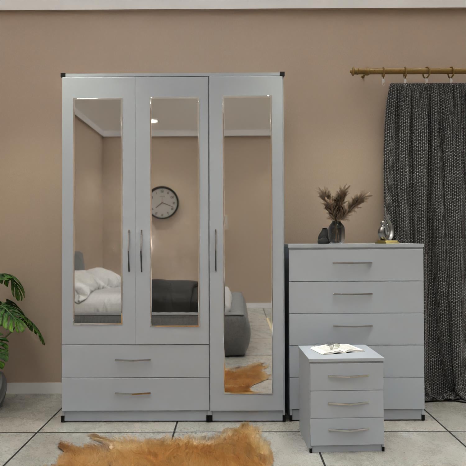 Silver 3 door mirrored wardrobe set with 2 drawers and matching bedroom furniture