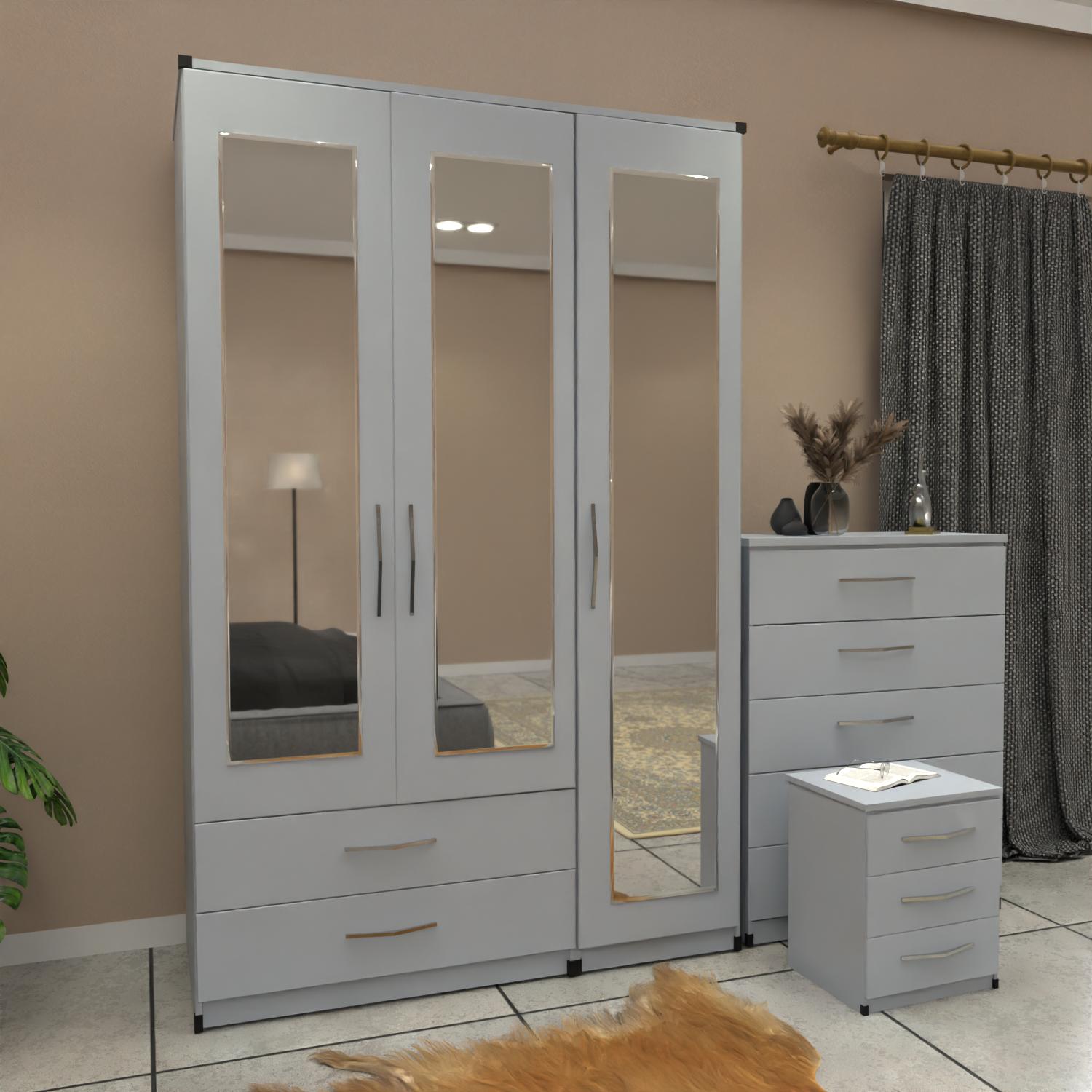Silver 3 door mirrored wardrobe set with 2 drawers and matching bedroom furniture