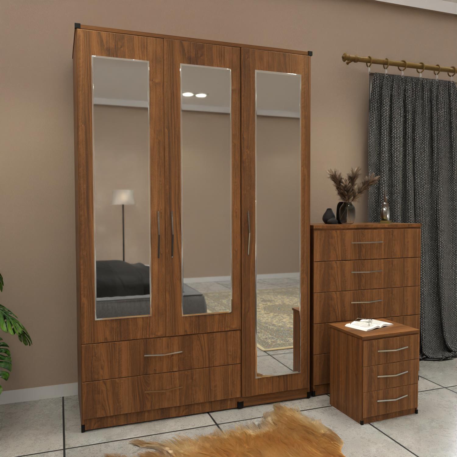 Walnut 3 door mirrored wardrobe set with 2 drawers and matching bedroom furniture