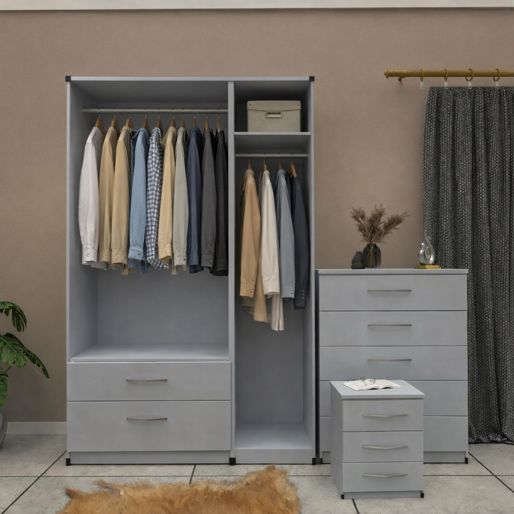 Inside image of oak 3 door mirrored wardrobe set with 2 drawers bedroom furniture set