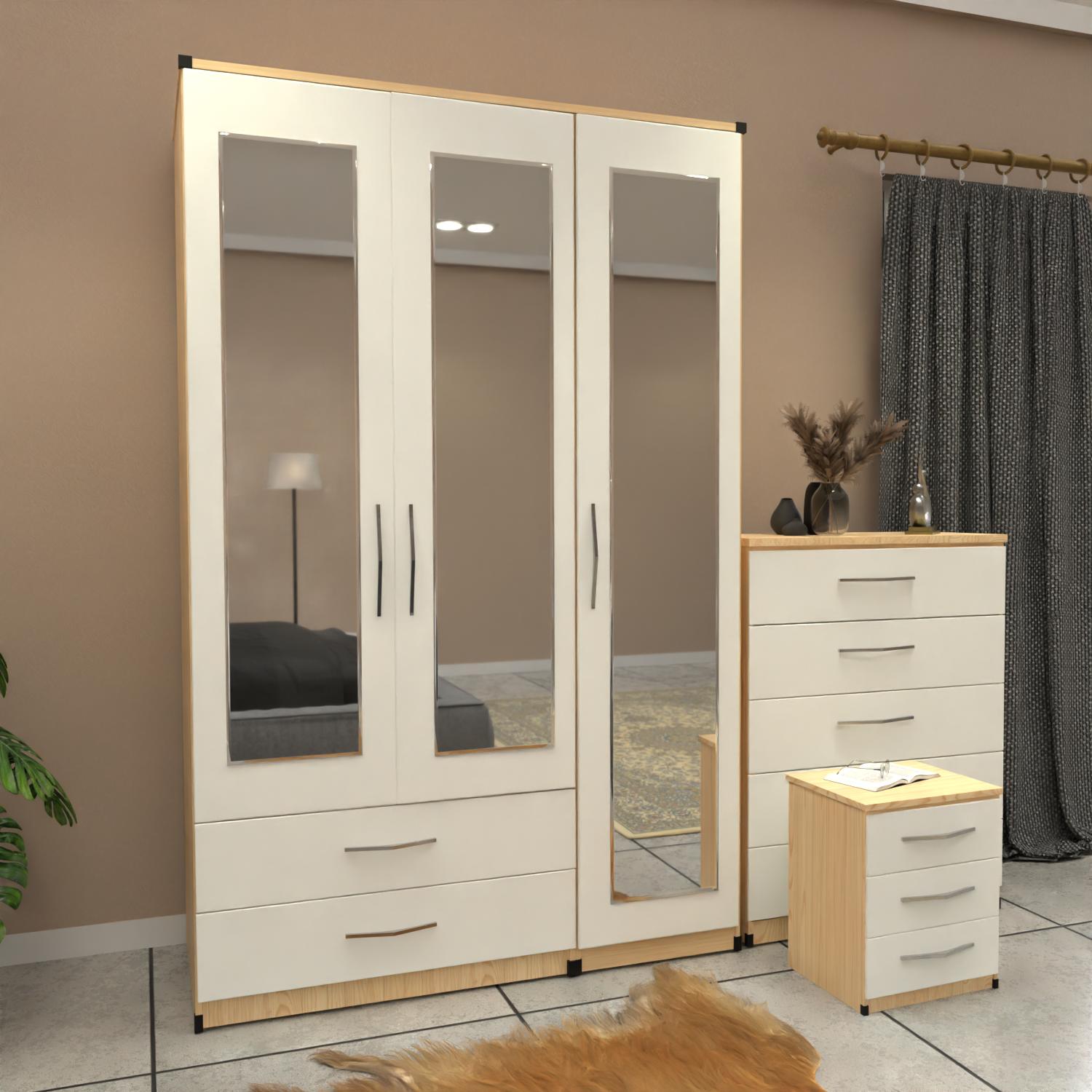 Oak & WHite 3 door mirrored wardrobe set with 2 drawers and matching bedroom furniture
