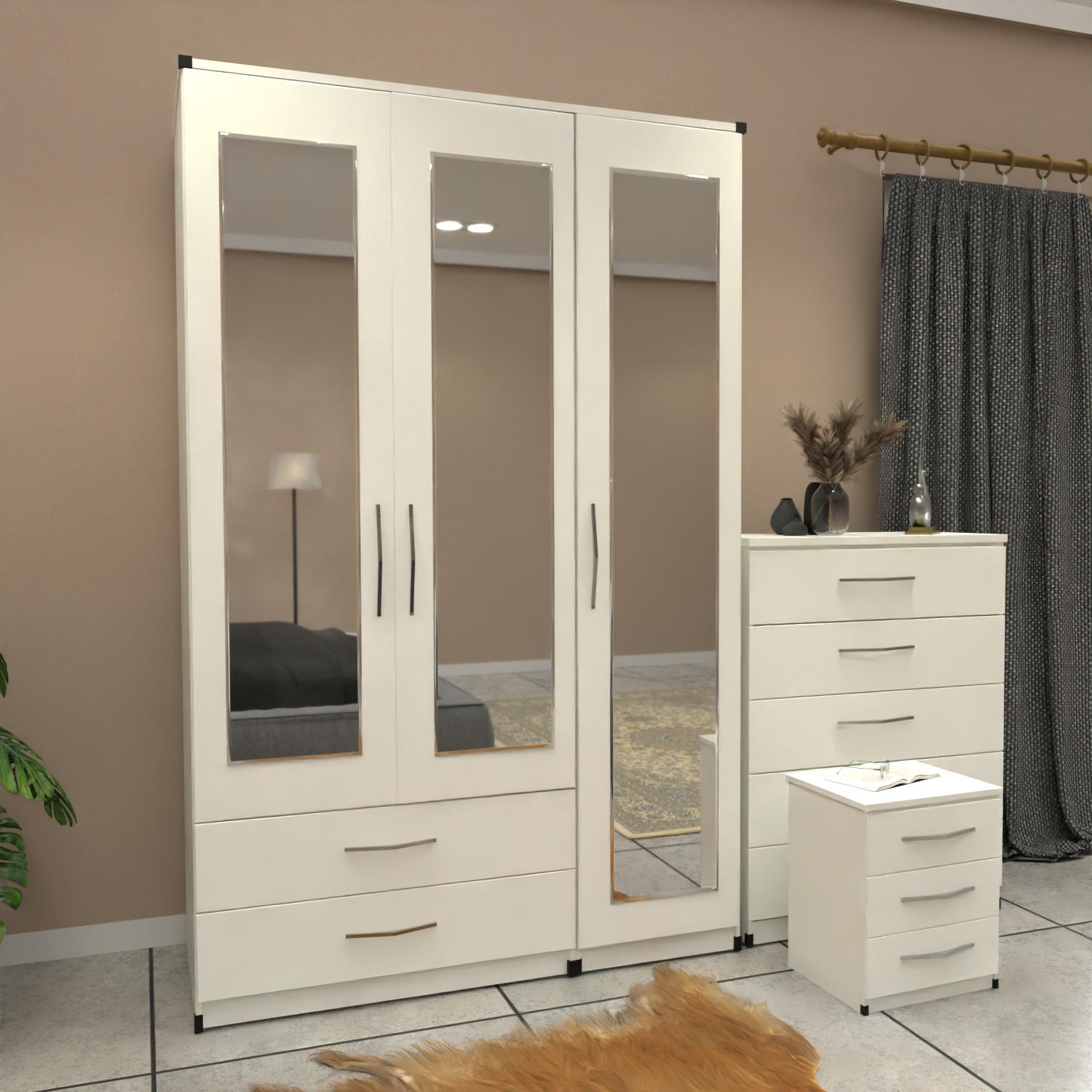White 3 door mirrored wardrobe set with 2 drawers and matching bedroom furniture