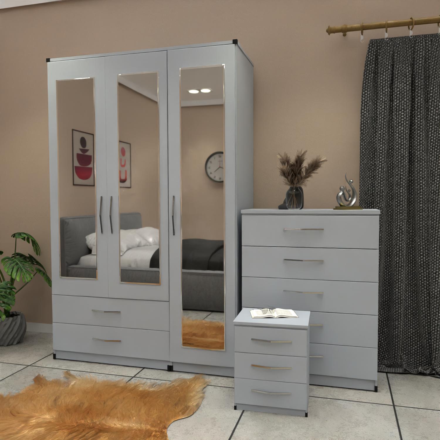 Silver 3 door mirrored wardrobe set with 2 drawers and matching bedroom furniture