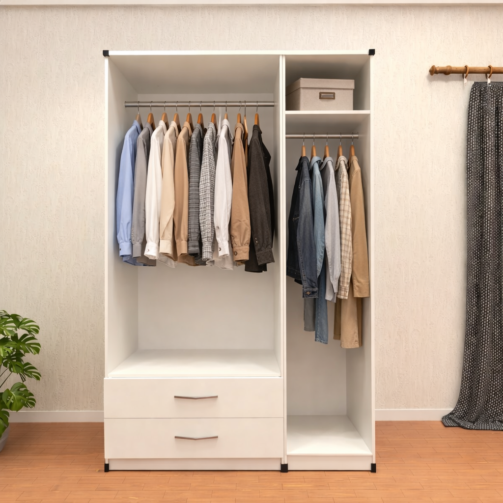 Internal hanging storage layout inside 3 door mirrored wardrobe