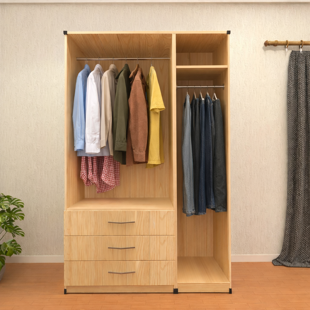 Internal hanging and drawer storage inside 3 door wardrobe