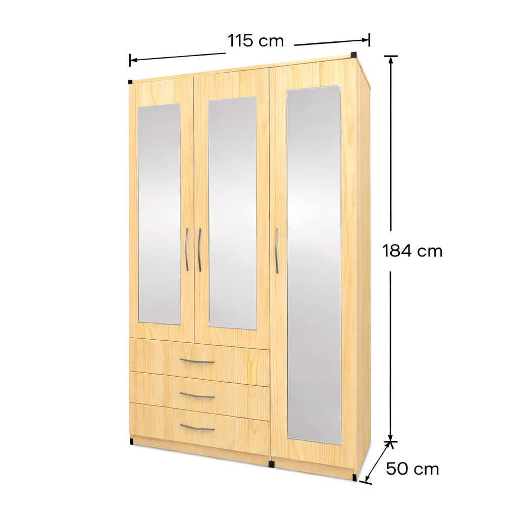 Dimensions guide for 3 door wardrobe with 3 drawers