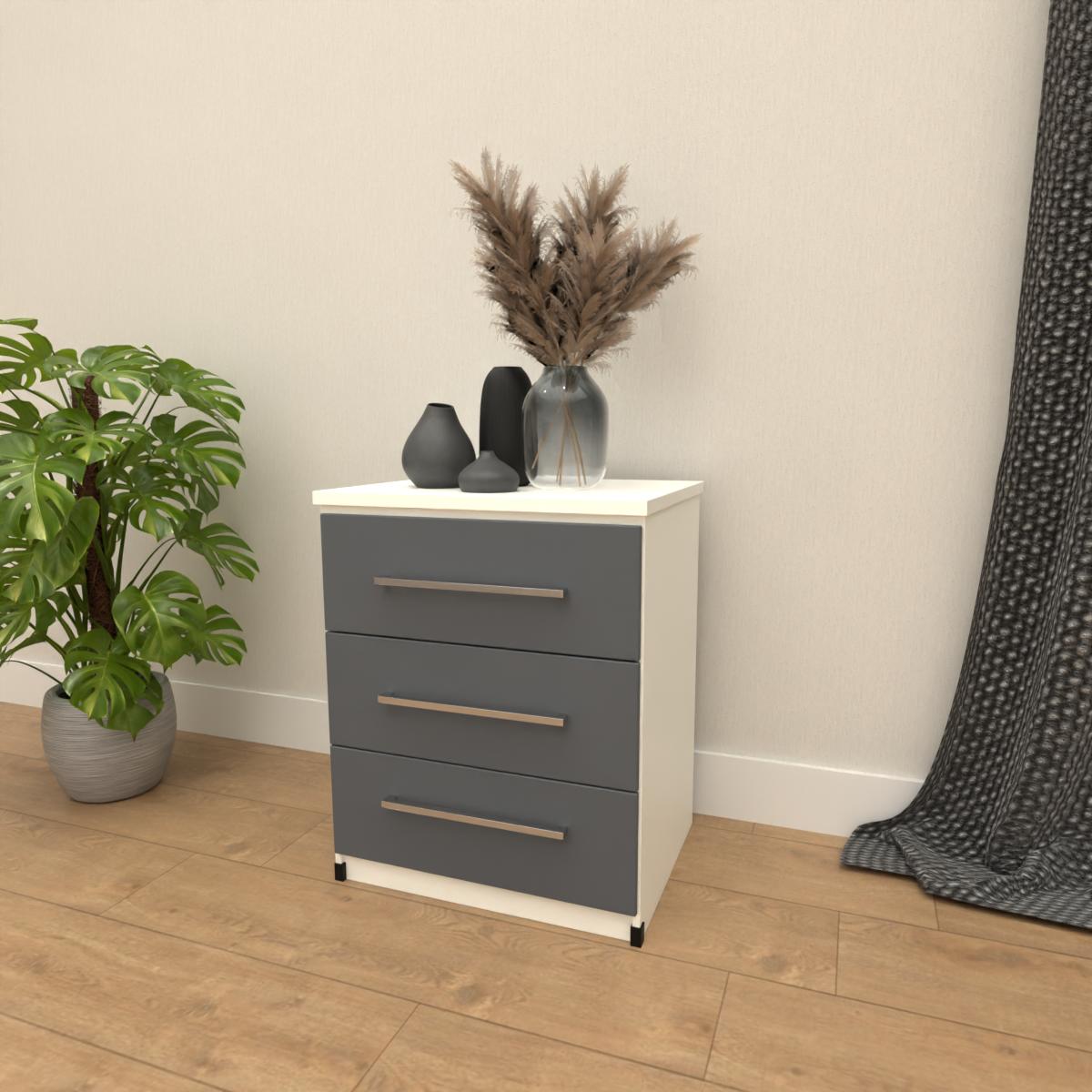 Grey & White 3 drawer bedside table with modern bedroom storage design