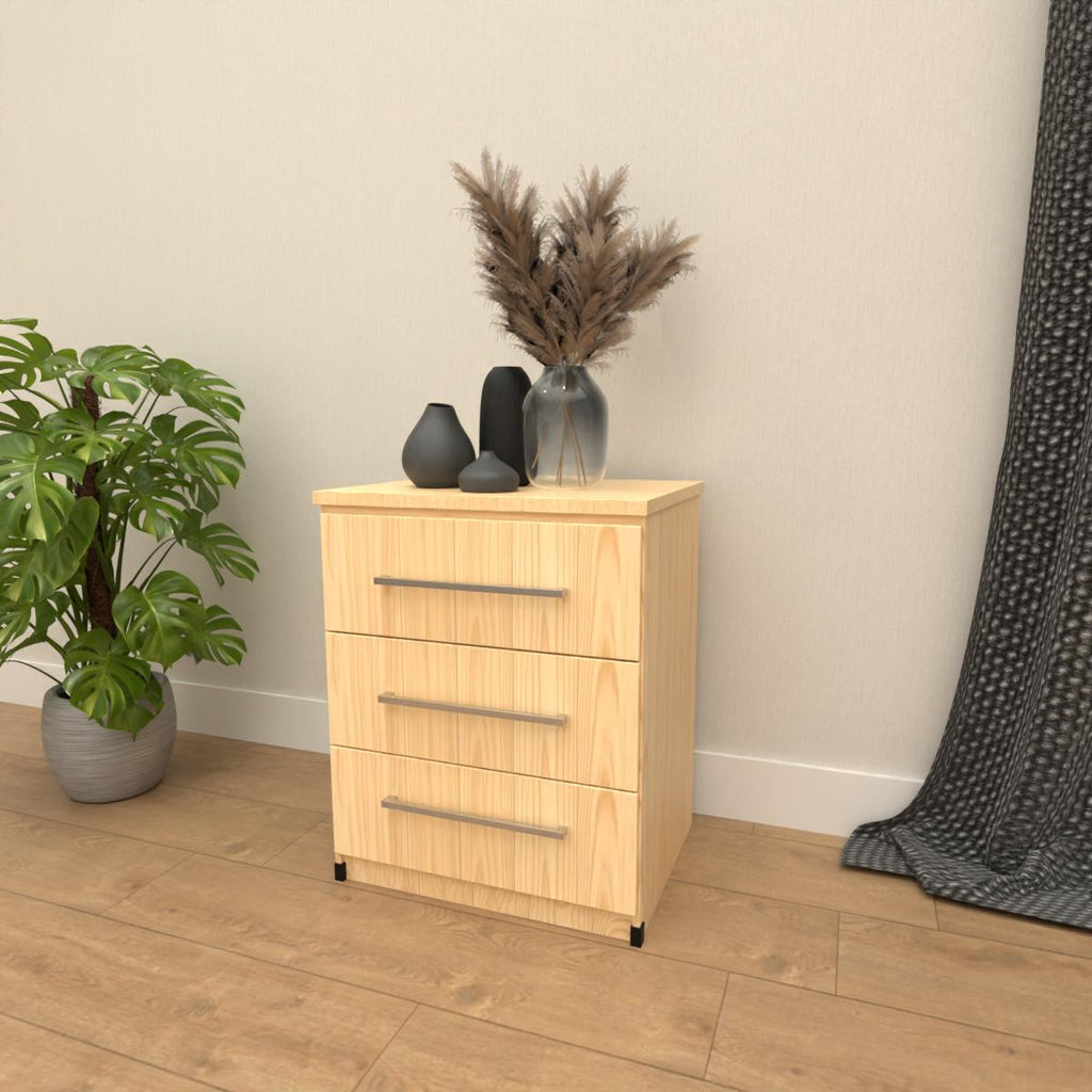 oak 3 drawer bedside table with modern bedroom storage design