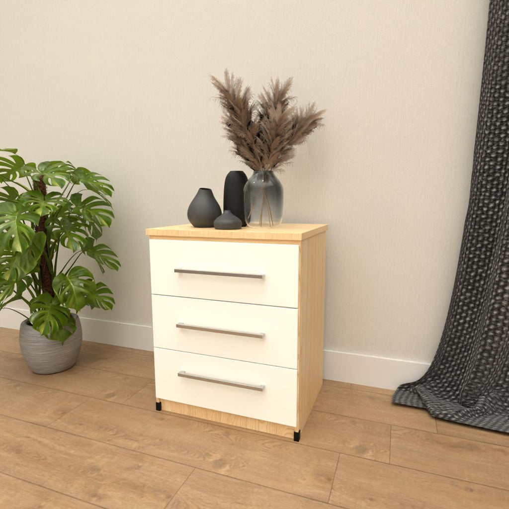 Oak & White 3 drawer bedside table with modern bedroom storage design