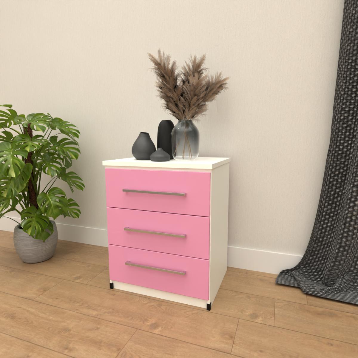 Pink & White 3 drawer bedside table with modern bedroom storage design