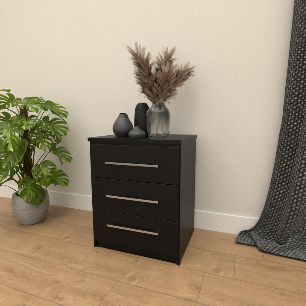 Black 3 drawer bedside table with modern bedroom storage design