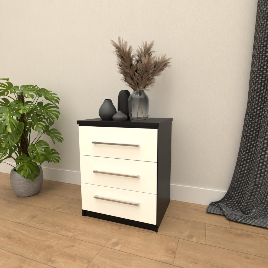 Black & White 3 drawer bedside table with modern bedroom storage design