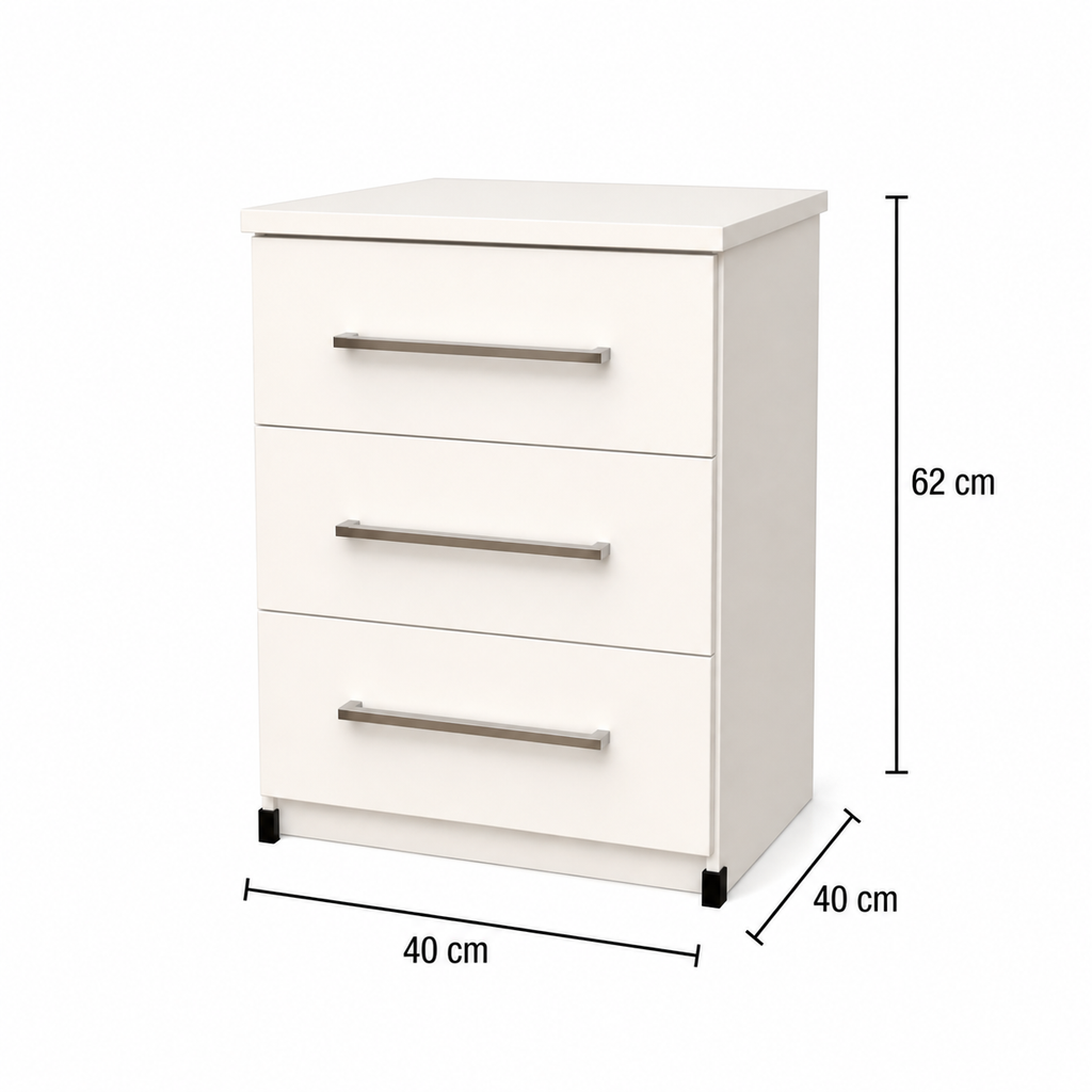 Dimensions of 3 drawer bedside table for compact bedroom storage