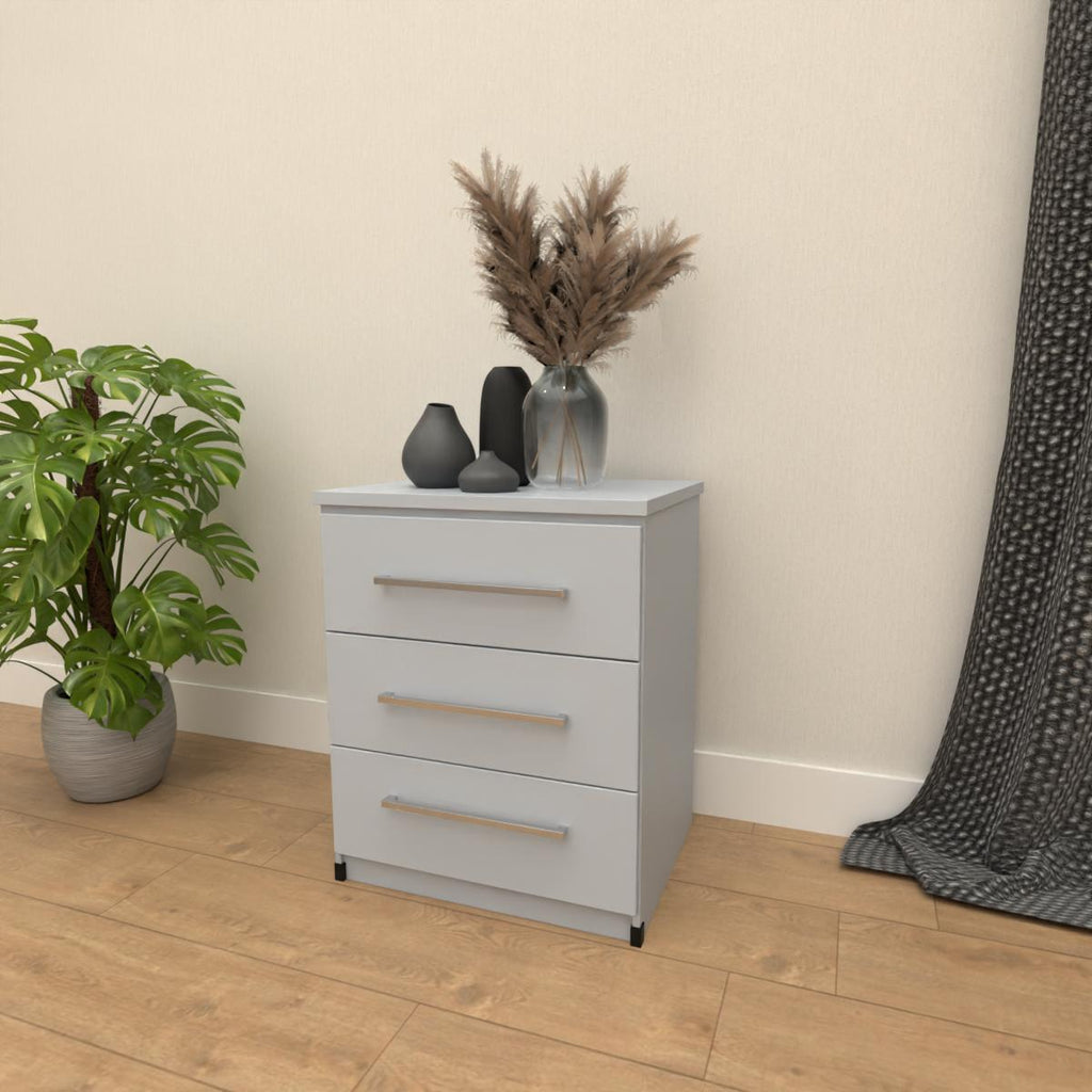 Silver 3 drawer bedside table with modern bedroom storage design