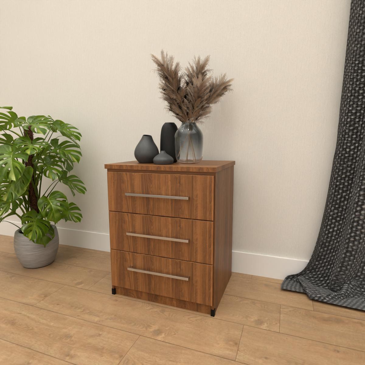 Walnut 3 drawer bedside table with modern bedroom storage design