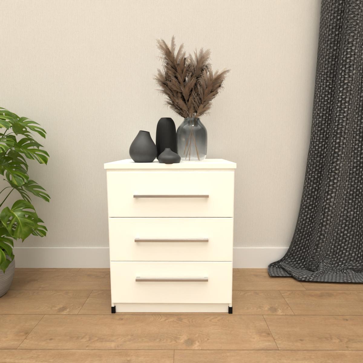 White 3 drawer bedside table with modern bedroom storage design