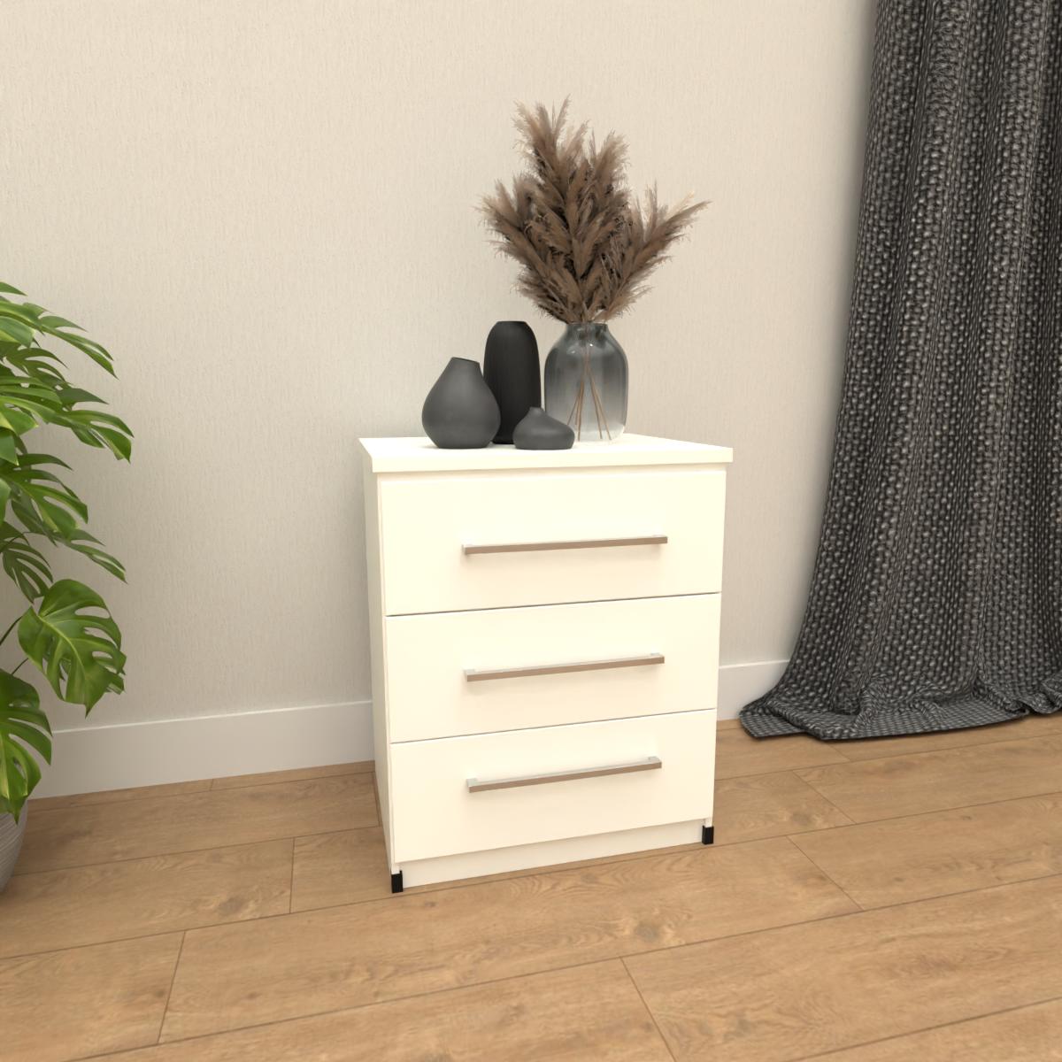 White 3 drawer bedside table with modern bedroom storage design