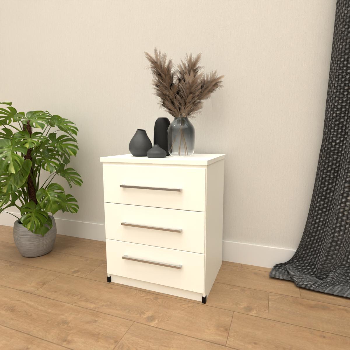 White 3 drawer bedside table with modern bedroom storage design
