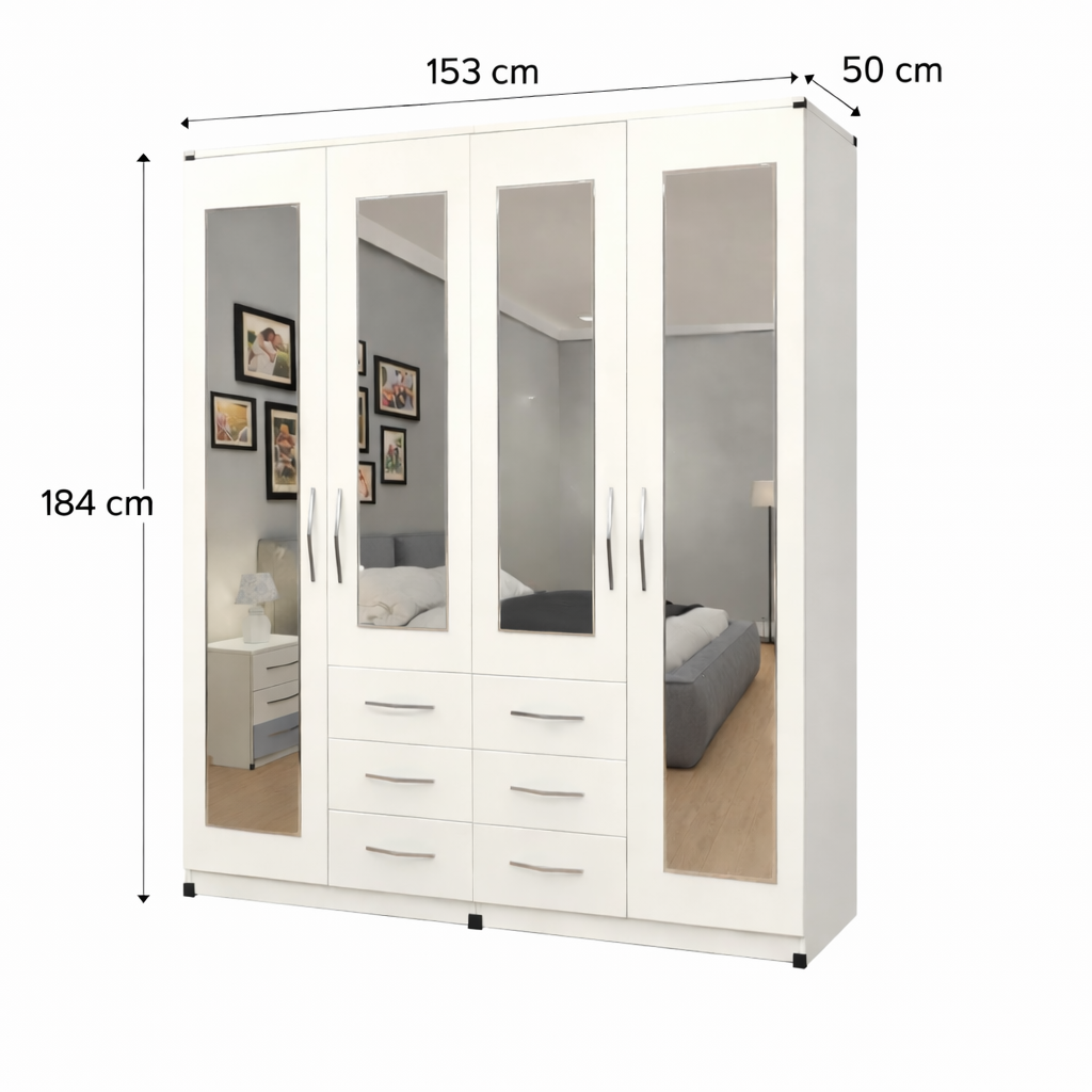 Dimensions guide for 4 door mirrored combi wardrobe with drawers