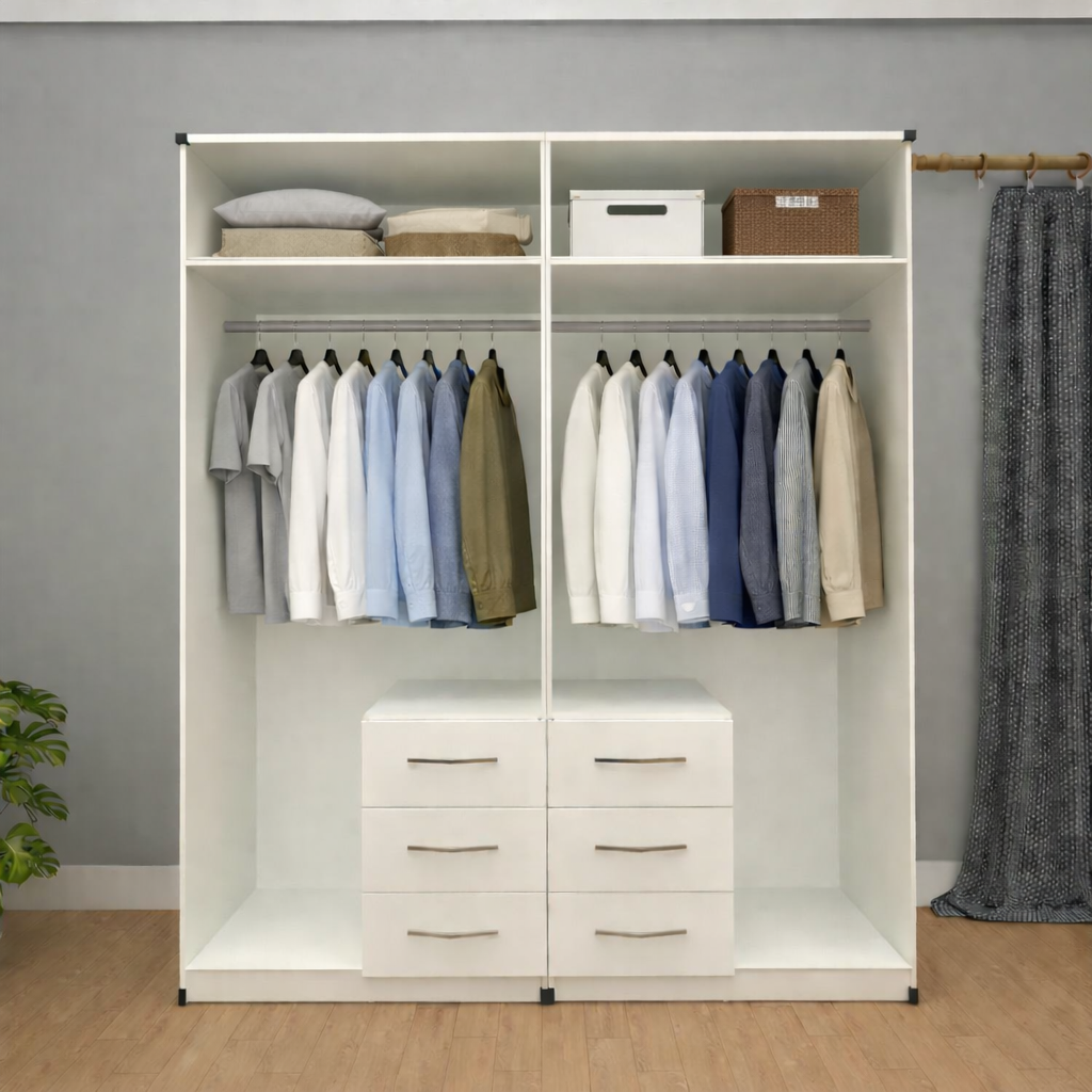Internal hanging storage layout inside 4 door mirrored combi wardrobe