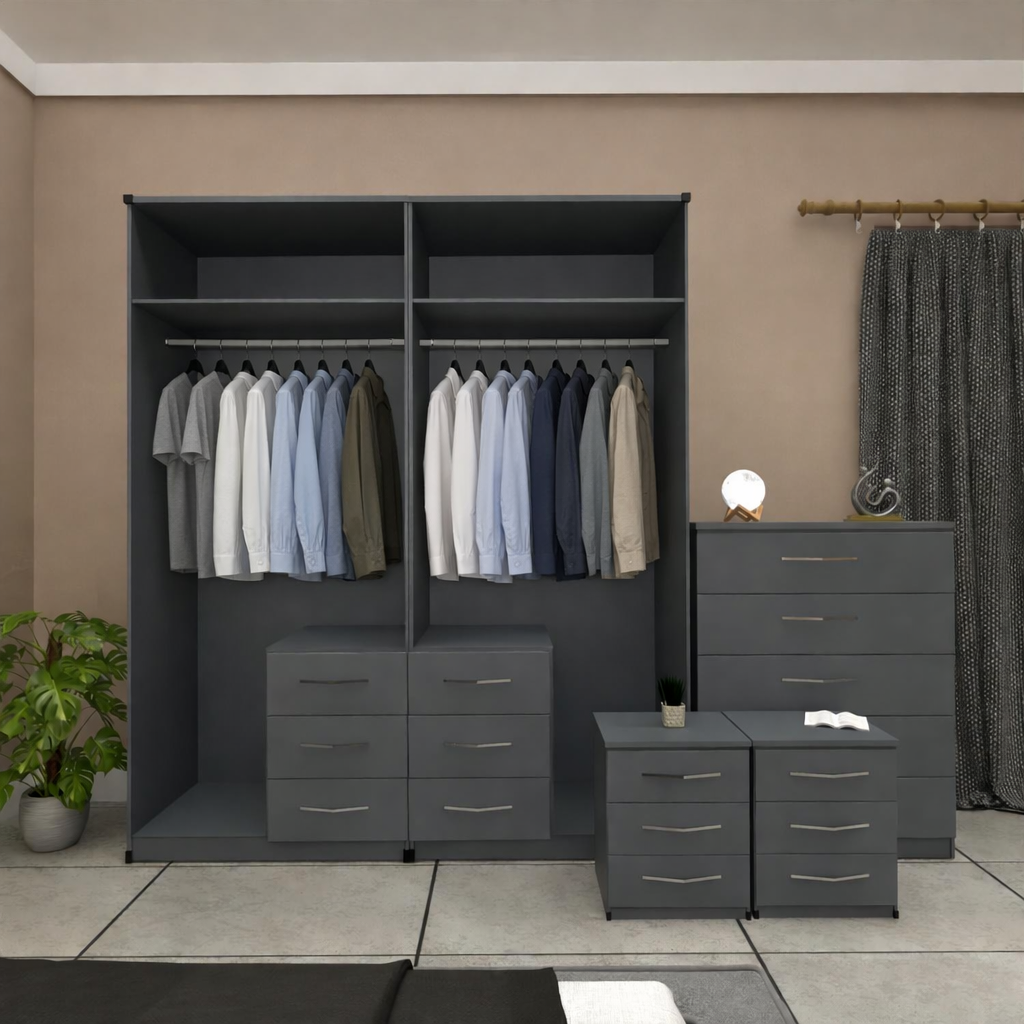 Inside image of 4 door mirrored combi wardrobe bedroom furniture set showing height width and depth measurements