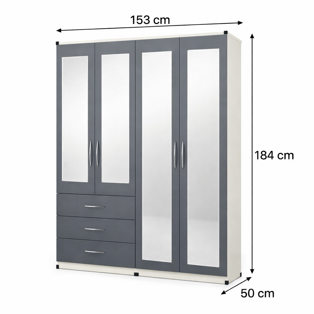Dimensions image of 4 door mirrored wardrobe bedroom furniture set showing height width and depth measurements