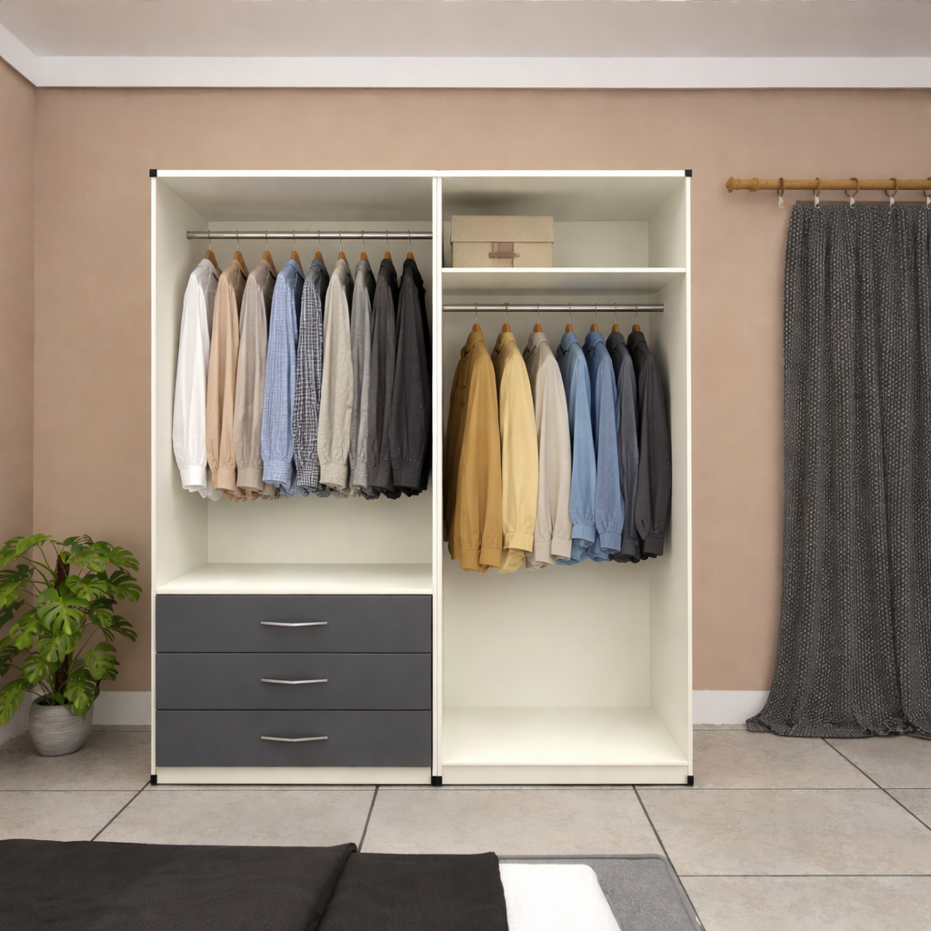 Internal hanging storage inside 4 door mirrored wardrobe with drawers