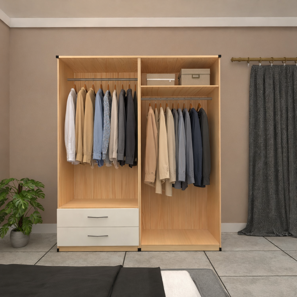 Inside image of 4 door wardrobe bedroom furniture set showing height width and depth measurements