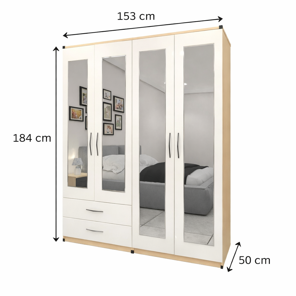 Dimensions guide for 4 door mirrored wardrobe set with drawers