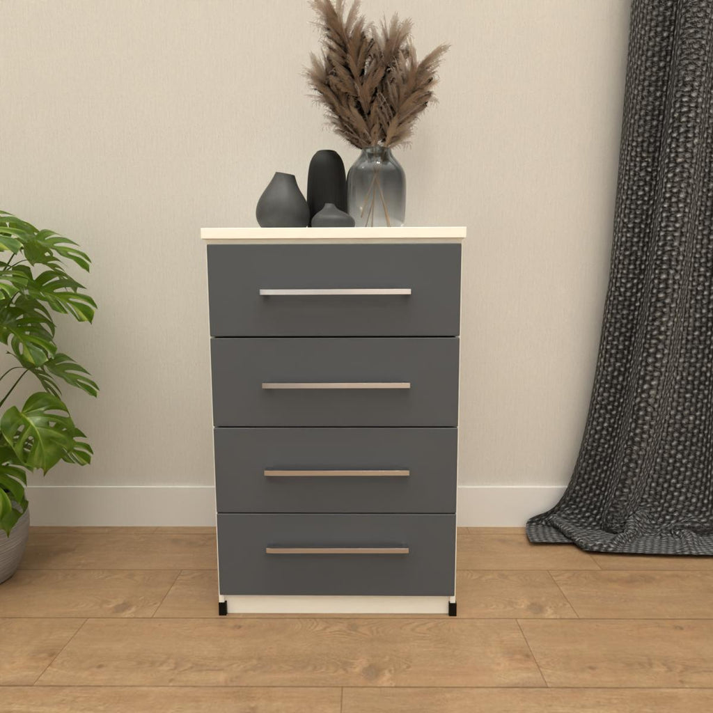 Grey & White 4 drawer bedside table with modern bedroom storage design