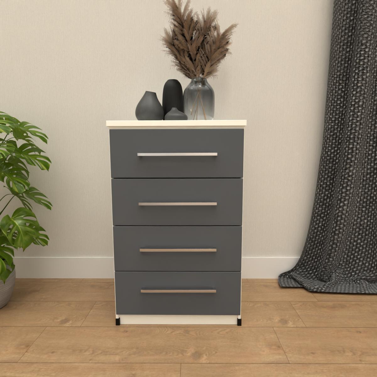 Grey & White 4 drawer bedside table with modern bedroom storage design