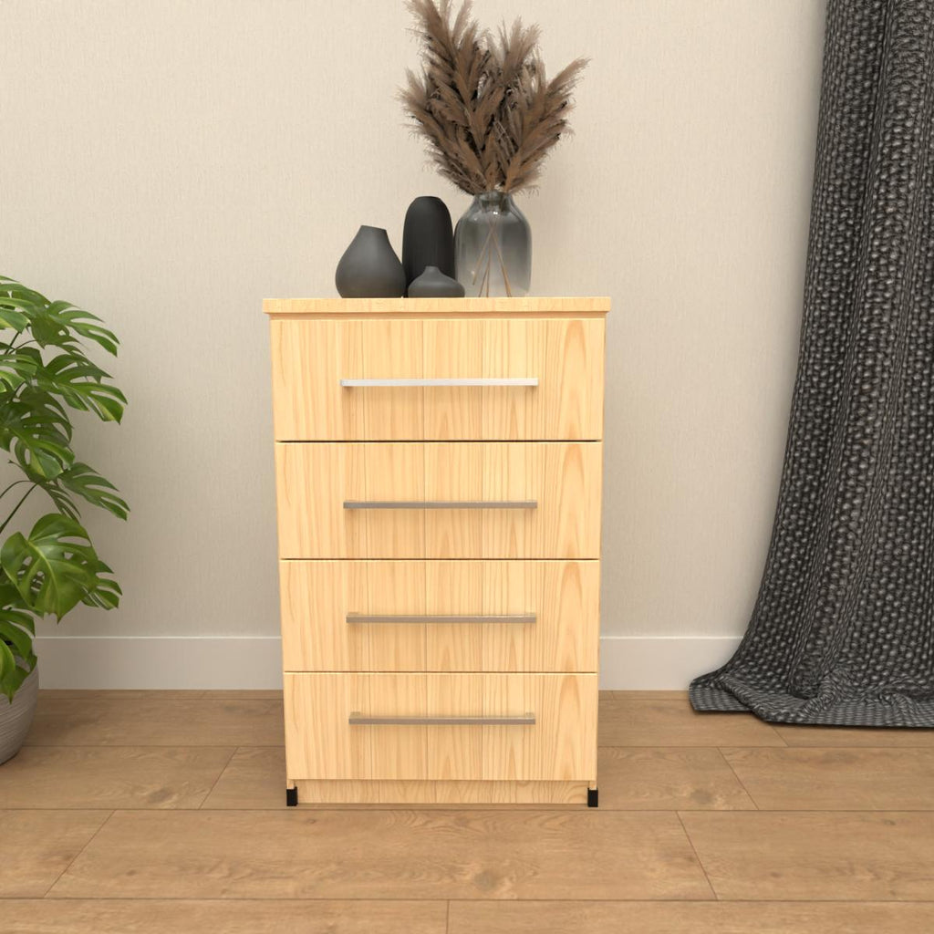 Oak 4 drawer bedside table with modern bedroom storage design