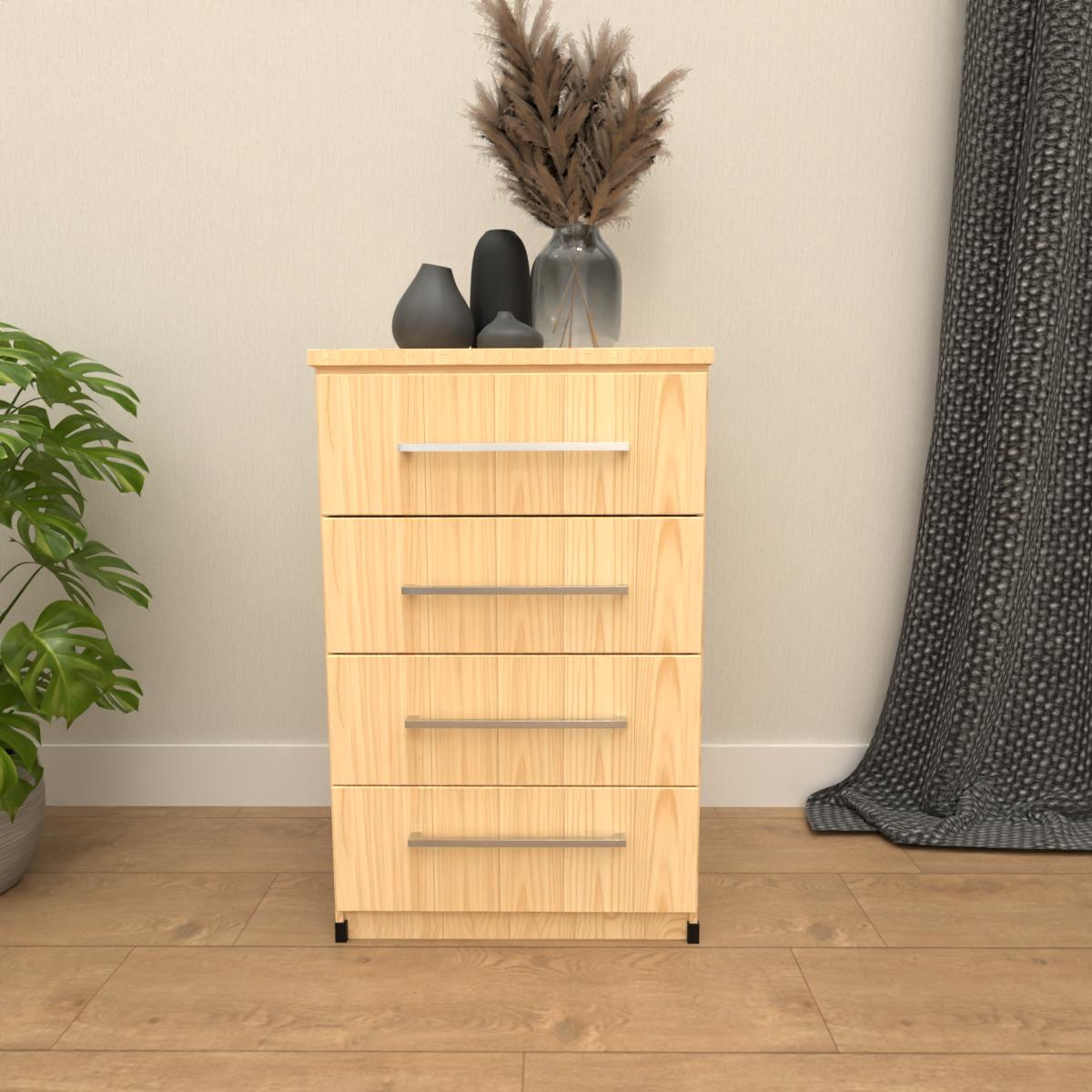 Oak 4 drawer bedside table with modern bedroom storage design