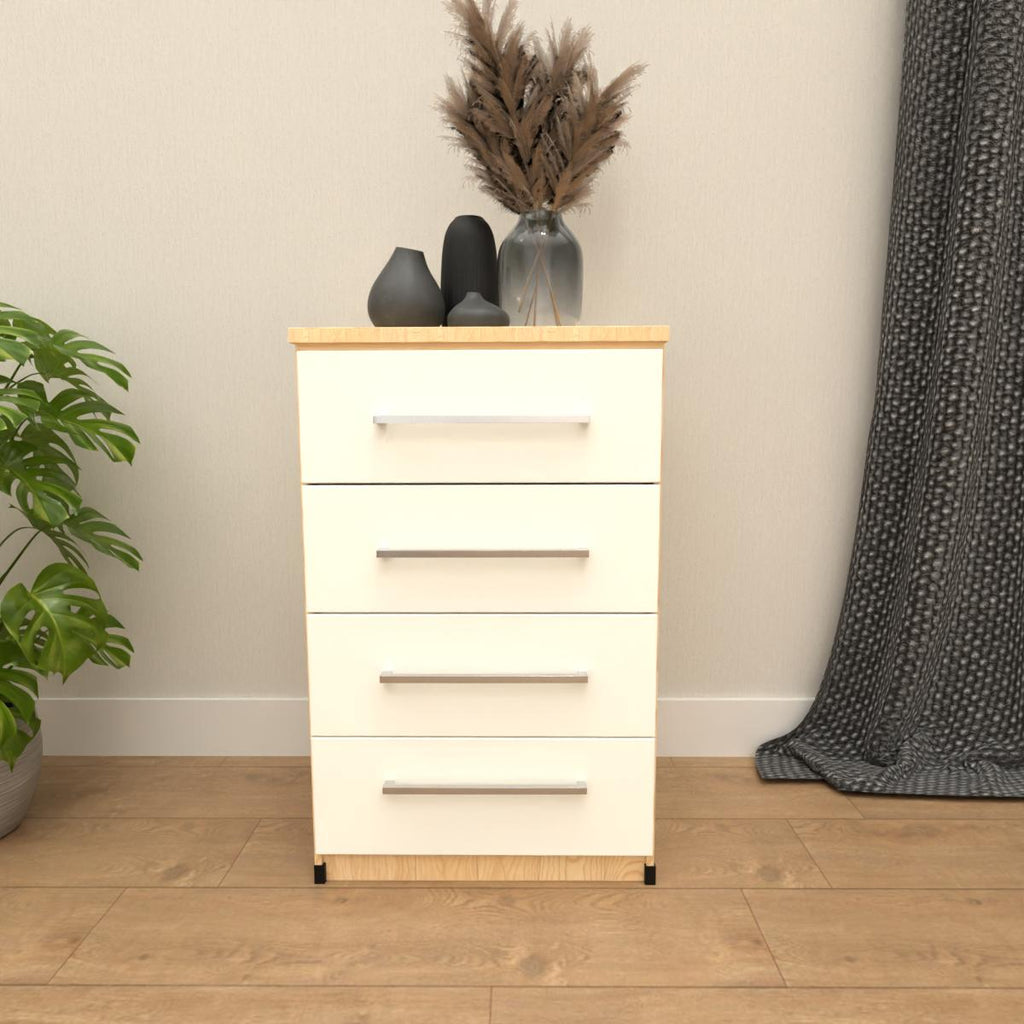 Oak & White 4 drawer bedside table with modern bedroom storage design